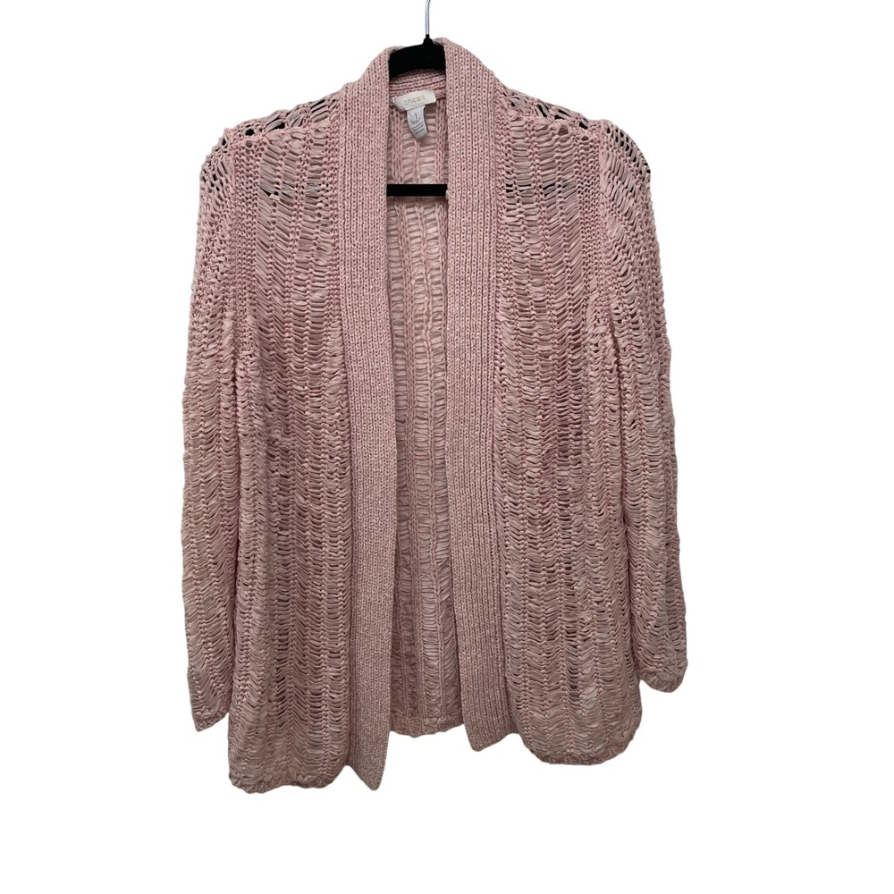 Chicos Pink Open Front Cardigan Loose Knit Boho Shawl Collar Sweater Womens 1 M